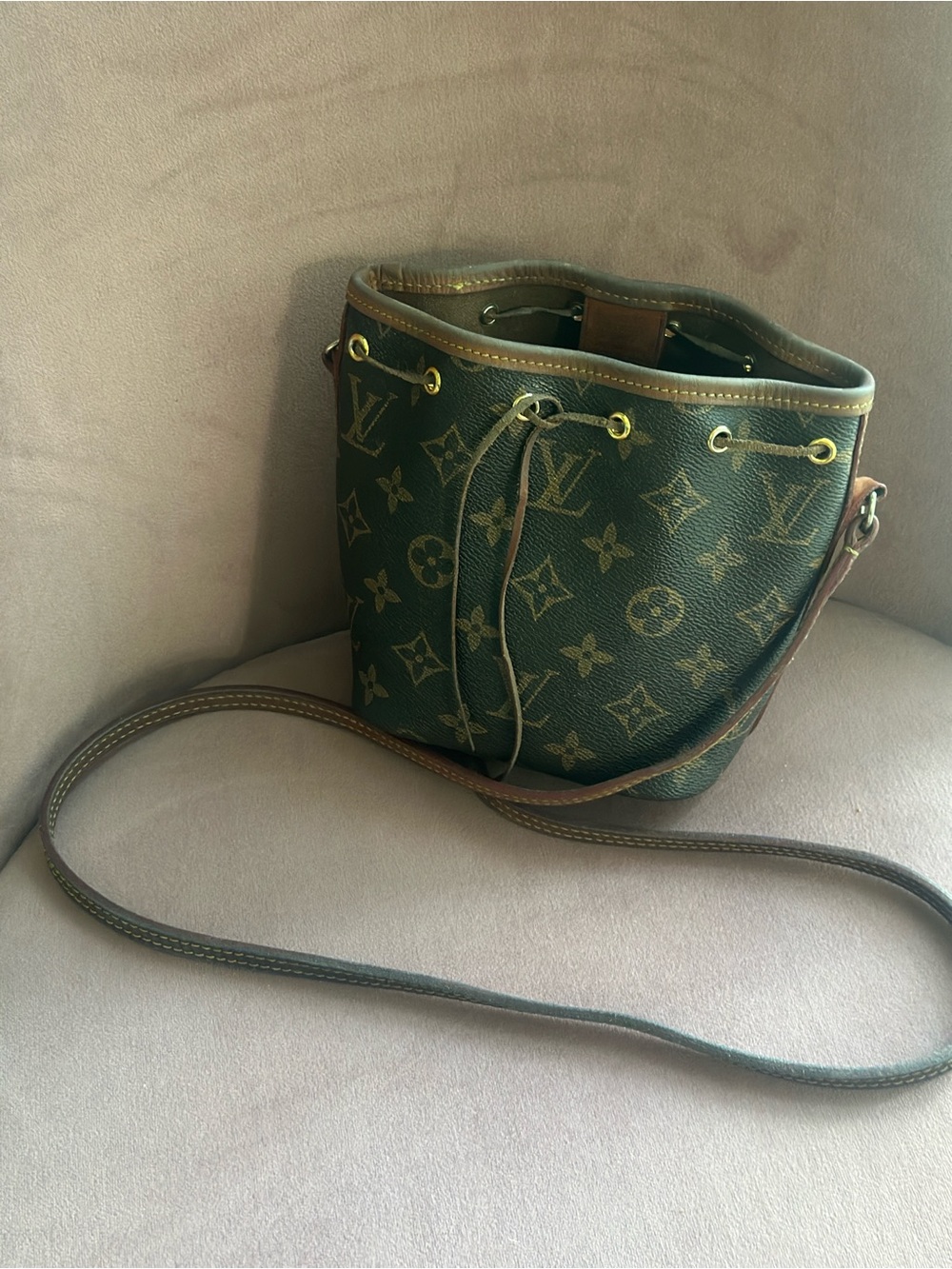 Louis Vuitton Monogram Drawstring Crossbody Bag in Brown and Gold
